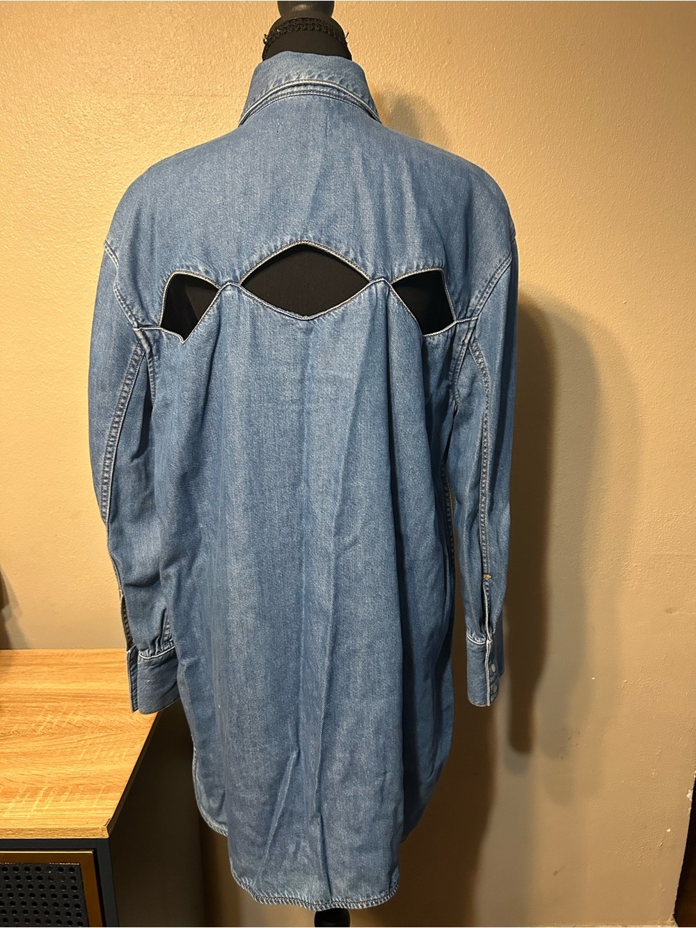 GANNI S/M Light Denim Oversized Shirt Cutout Back Western Pearl Snap Blue